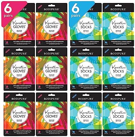 Bodipure Premium Hand and Foot Mask | Moisturizing Kertain Gloves & Socks | Hydrating Dull Dry Hands, Cracked Heels, Callus Softening & Nail Strengthening | Chemical-Free Feet Treatment | (6+6 Pack)