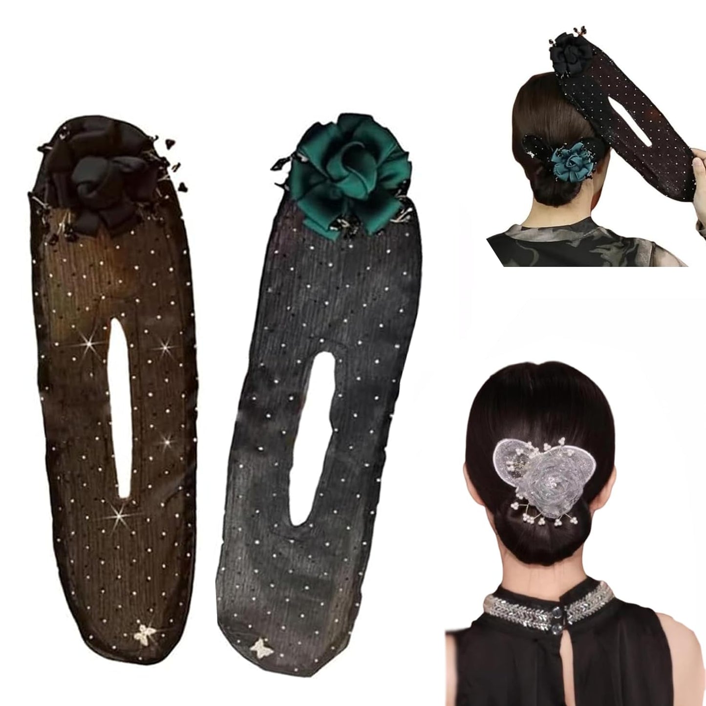 Hand Embroidered Flower Hair Bun Maker, Deft Bun Twister and Curler for Long Hair, Hair Clip Roller for Women and Girls (2pc-b1)