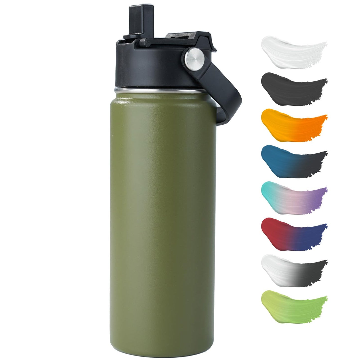 Kerilyn Stainless Steel Insulated Water Bottle, 18oz Double Wall Vacuum Insulated Water Bottle Leak Proof with Silicone Straw, Wide Mouth Lid, BPA Free, Keep Cold and Hot, 18oz, Army Green