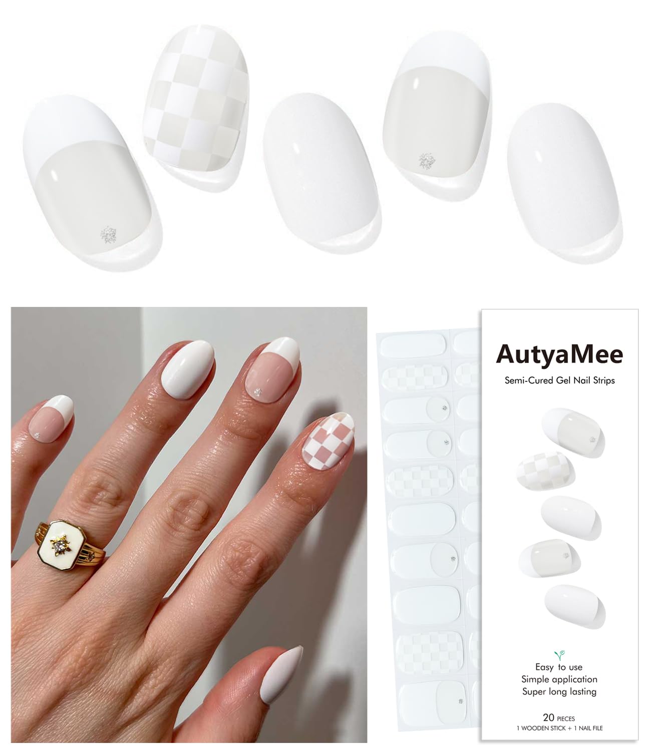 AutyaMee Semi Cured Gel Nail Strips (White Checkered), French, 20 Pcs Gel Nail Wraps, Stickers, UV Light Required, Salon Quality, Long Lasting