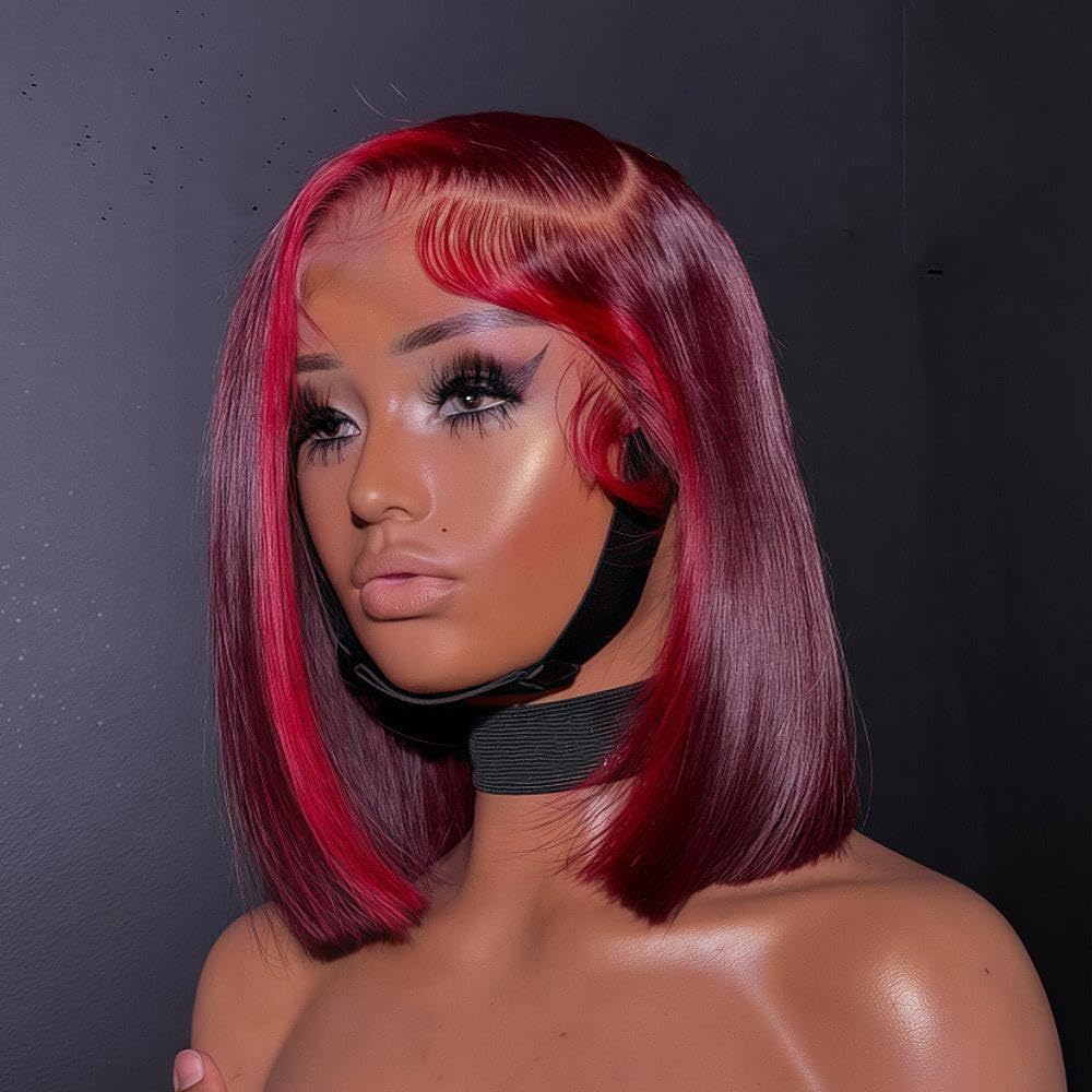 koinu Highlight Red 99J Bob Wig Human Hair 180 Density 13x4 Lace Front Wigs for Women Red Highlight Burgundy Transparent Lace Frontal Straight Short Bob Wig Human Hair Wigs Pre Plucked 14 Inch
