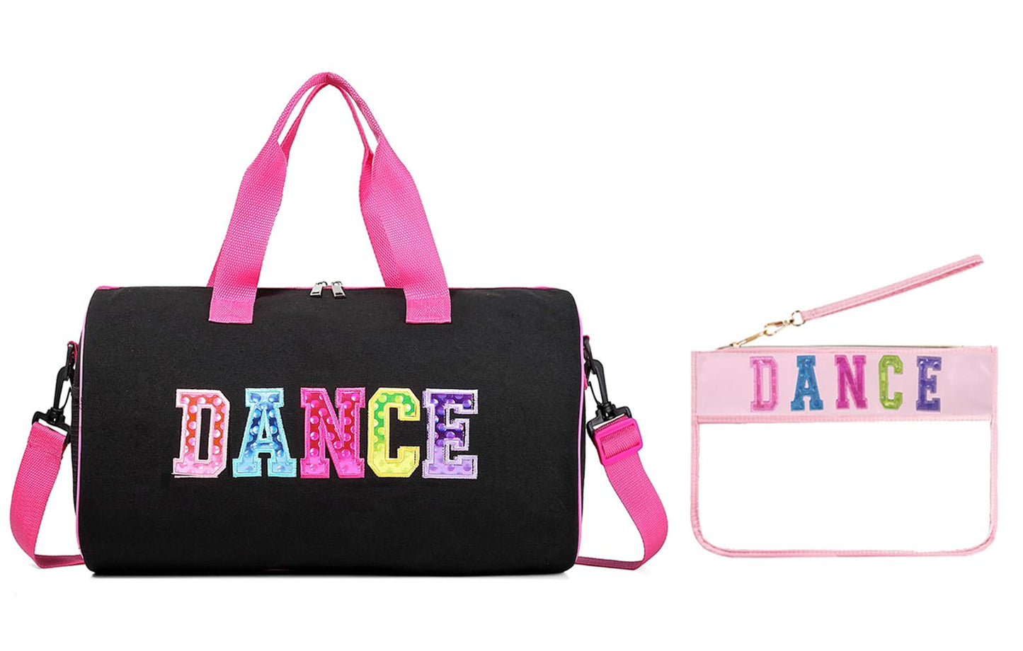 Dance Duffle Bag for Girls, Kids Toy Storage Bag,Weekend Bag,Overnight Bag,Gymnastics bag 17"Lx9"Wx9"H (Rose set-clear letter bag)