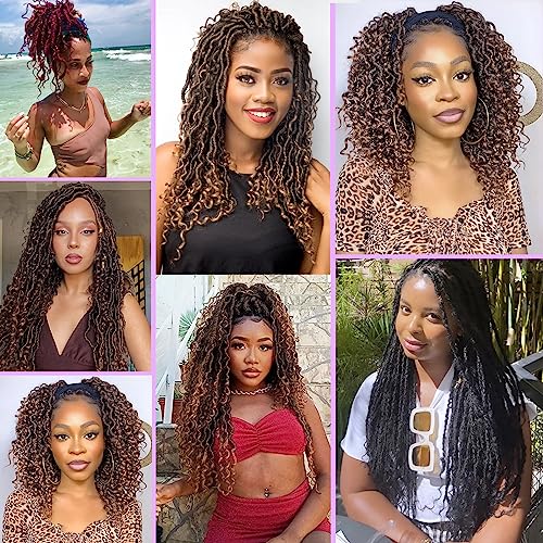 Leeven 7 Packs Faux Locs With Curly Ends 18 Inch Pre-looped Goddess Locs Crochet Hair 84 Strands Natural Black Crochet Bohemian Soft Locs Braiding Hair Extensions With Curls for Women 1B#