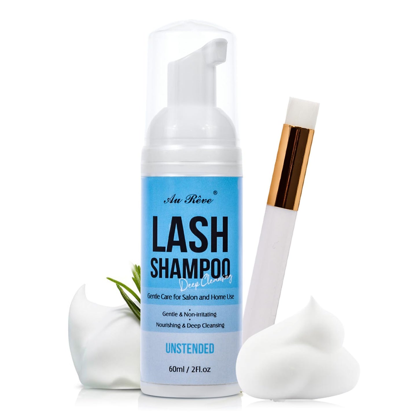 Lash Shampoo for Lash Extensions 60 Ml/2fl.oz Eyelash Extension Cleanser Oil Free Lash Cleanser for Eyelash Care, Gentle Foaming Eyelash Shampoo with Brush for Salon Home Care (Unscented 60ml)