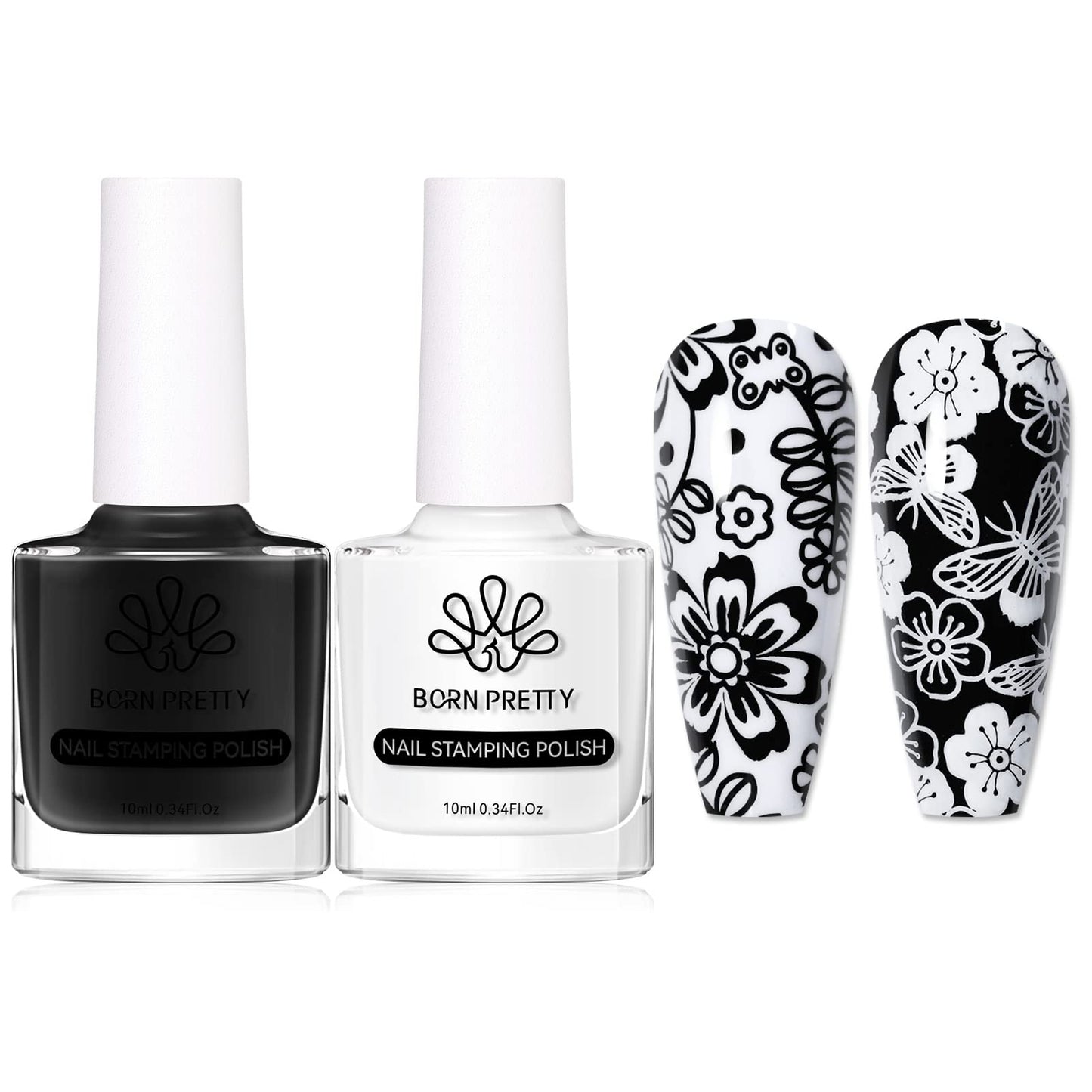 Born Pretty Nail Art Stamping Polish White Black Manicure Image Stamp Polish Set Print Polish Varnish 2 Bottles
