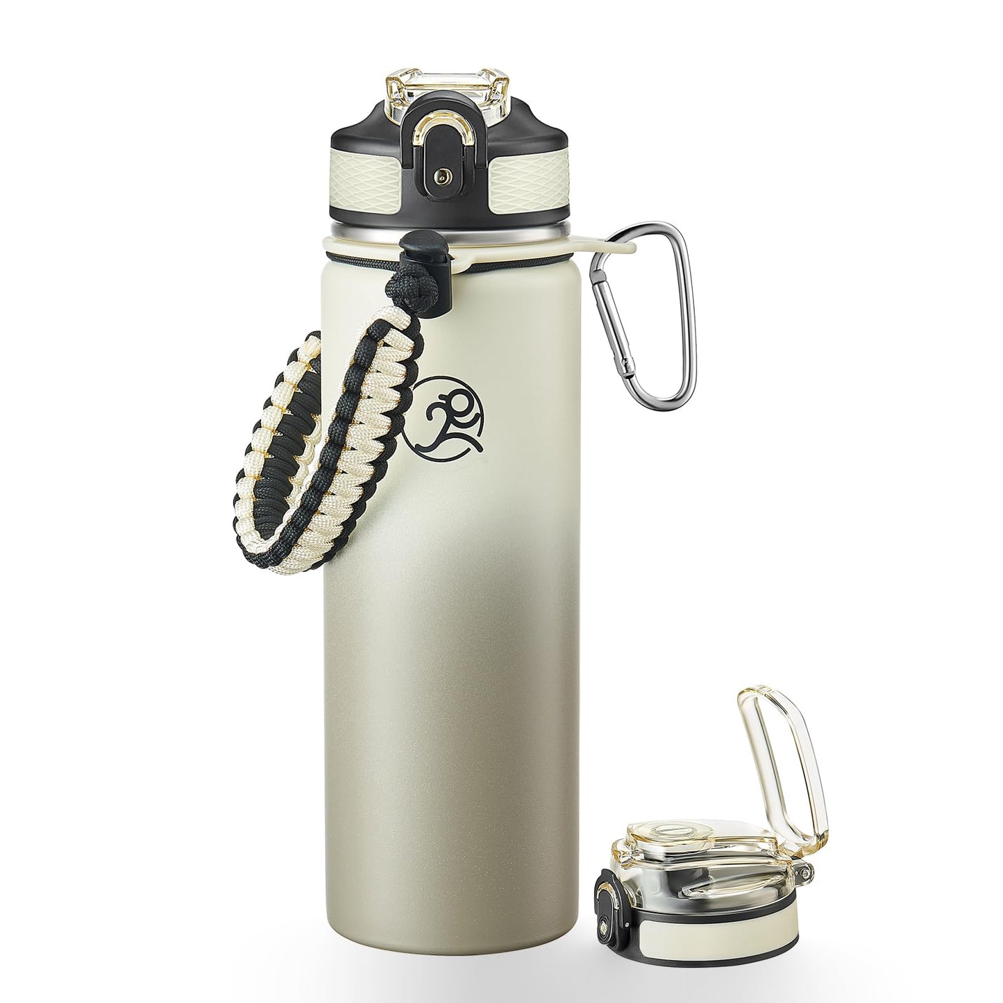 GOSWAG Insulated Sports Water Bottle, 24oz 2 Lids(with Straw/No Straw), Stainless Steel Water Bottles with Paracord Handle, Insulated Thermos with Double-Wall Vacuum Insulation