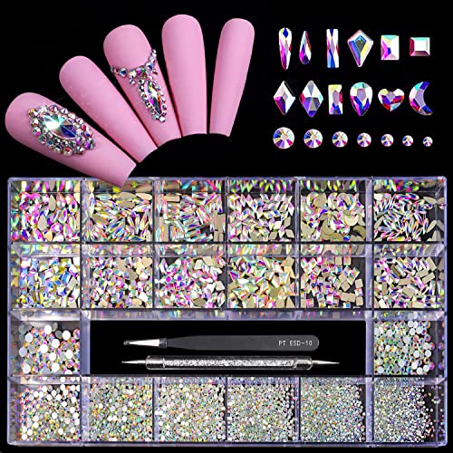 12 Types of 600 Crystal AB Diamonds + 2500 Flat Rhinestones Mix 20 Styles Flatback DIY Crafts Rhinestone Crystals 3D Ornaments Flat Back Stones Set + Tweezers + Drill Pen