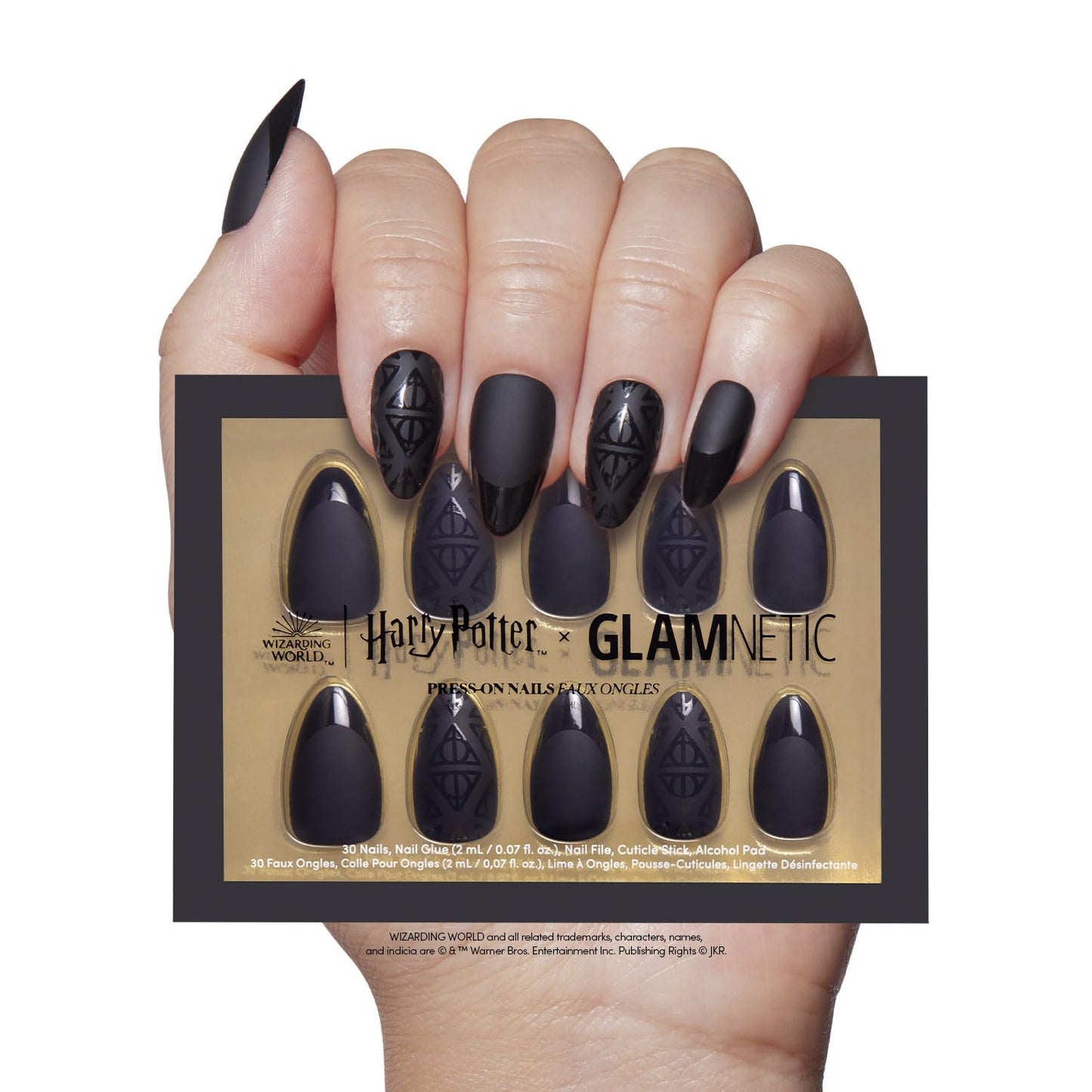 Harry Potter™ x Glamnetic Press On Nails - Deathly Hallows™ | Black Harry Potter™ Graphic Short Almond False Nails, Reusable Stick On Fake Nails with Glue | Salon Quality | 15 Sizes - 30 Nail Kit