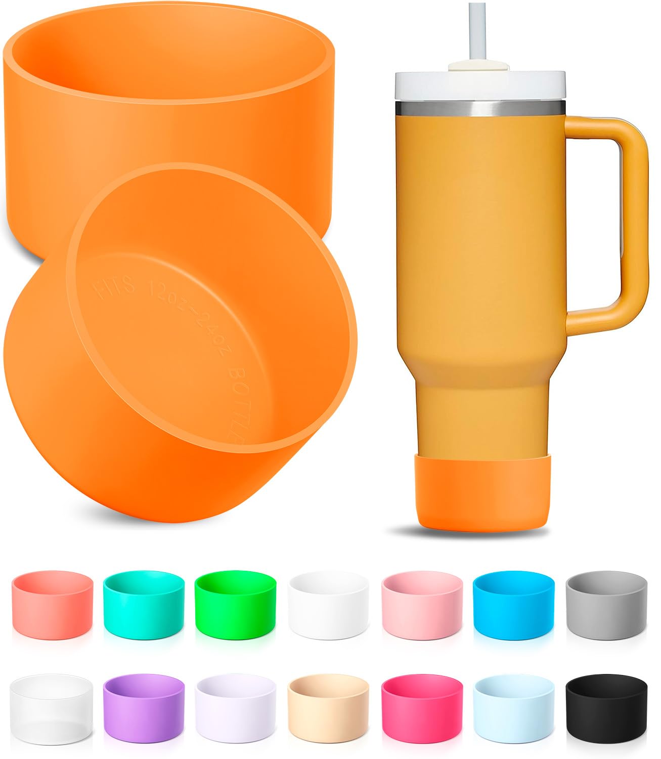 KTKUDY 2Pcs Silicone Boot for Stanley Quencher Tumbler H2.0 30 oz 40 oz & IceFlow 20 oz 30 oz & Intended for Hydro Flask Water Bottle 12-24 oz - Cup Bottom Accessories Fits Stanley Cup, Orange