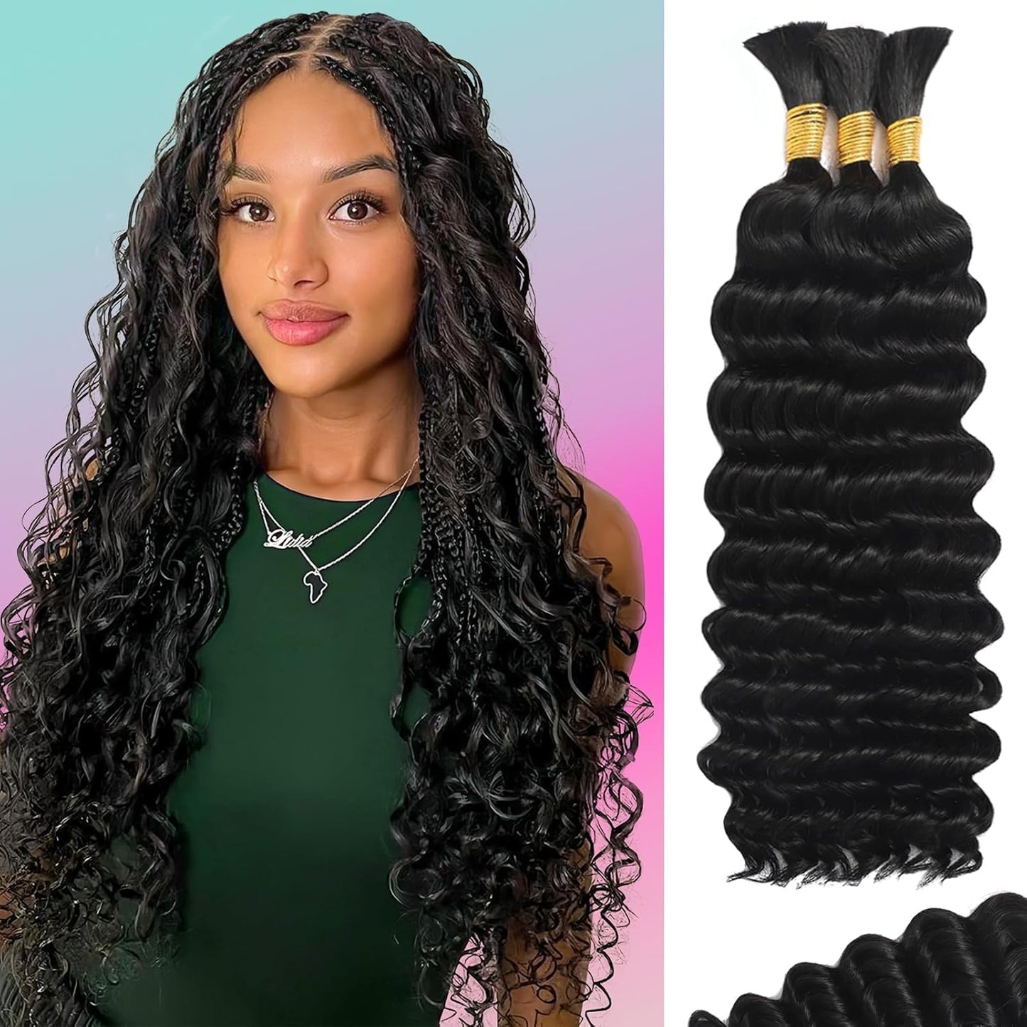 Human Braiding Hair for Boho Braids Human Hair 110g 16 Inch Curly Boho Hair for Braiding Knotless 12A Deep Wave Bulk Bohemian 3 Bundles/Pack Natural Color