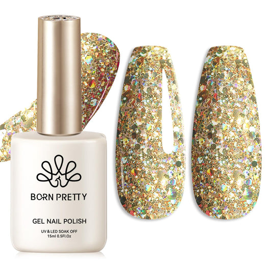 Born Pretty Gold Glitter Gel Nail Polish Shiny Sequins Gold Gel Polish Nail Art Manicure Design DIY at Home 15ml