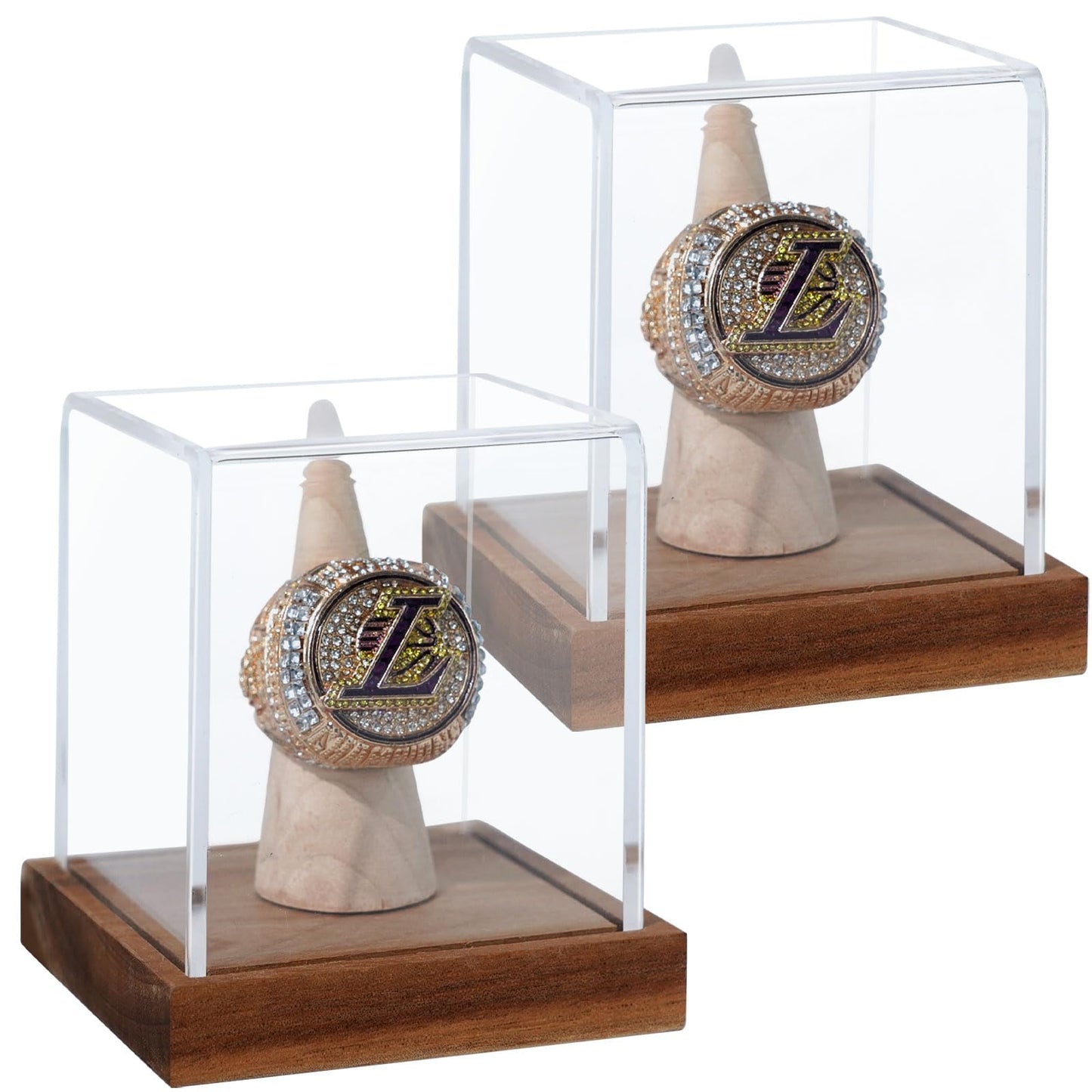 JupDec Championship Ring Display Case 2 Pack, Clear Acrylic Single Ring Holder with Wood Stand Base for Sports Basketball Baseball Fan Souvenirs Military, UV Protection