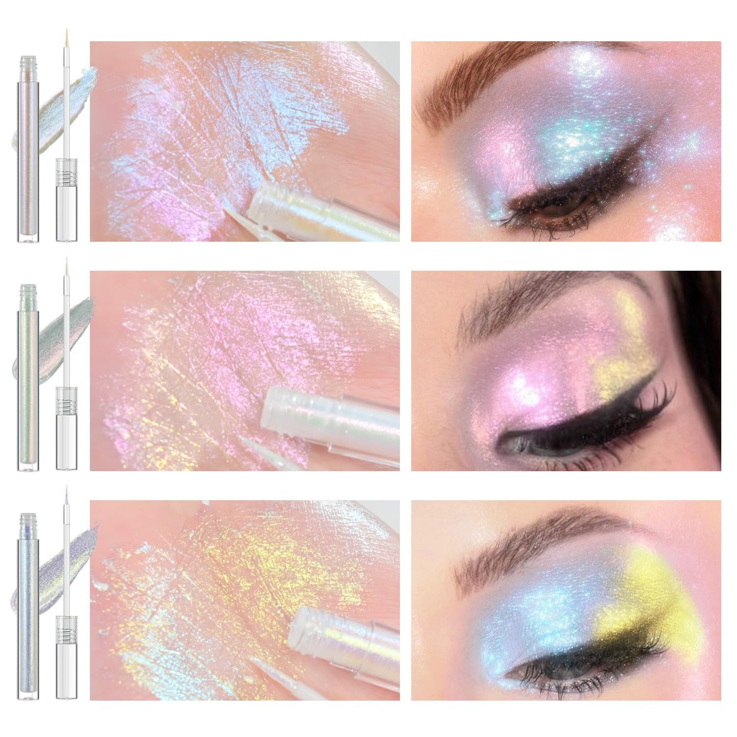 JUR MORNIER Multichrome Liquid Eyeshadow Set,3 Colors Multi-Dimensional Eye Liner Makeup,High Pigment Waterproof Metallic Eyeshadow,Ultre Fine Tip Glitter Eyeshadow (01 aurora+02 twilight+03 moonbow)