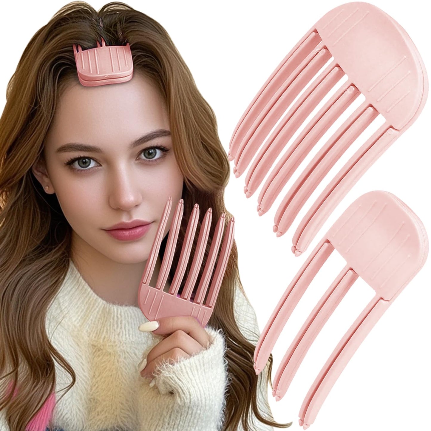 2PCS Volumizing Hair Root Clips for Fluffy Bangs, Wind Shaping Comb for Men and Women,No Crease Hair Lifting Clip for a Natural Puffy Lazy Hairstyle,Easy High Crown Volume Tool (Pink, 3-teeth+6-teeth)