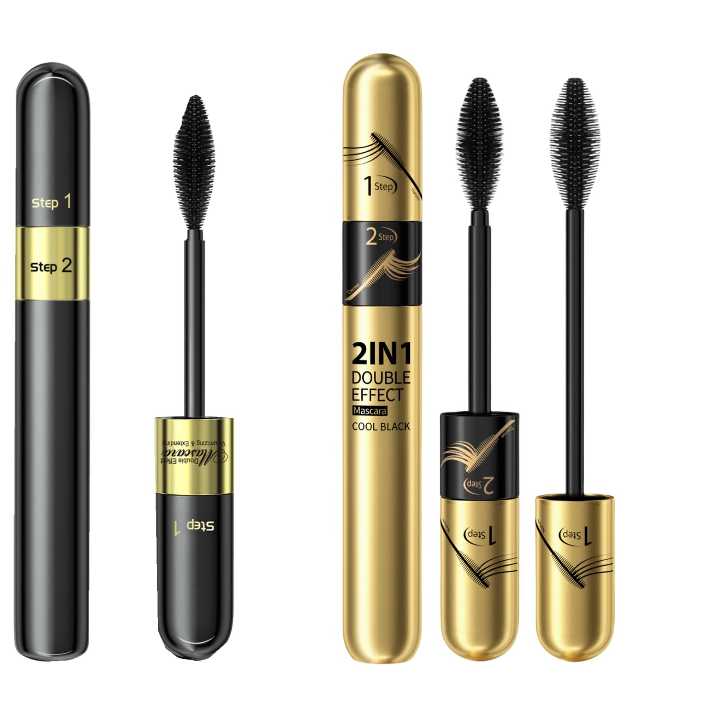 2 in 1 Double Black 4D tubing Mascara Volume and Length, Silk Fiber Lash Liquid Extension 5X Longer, Smudge Proof Waterproof and Sweat Resistant Fuller Mascara (Gold & Green)