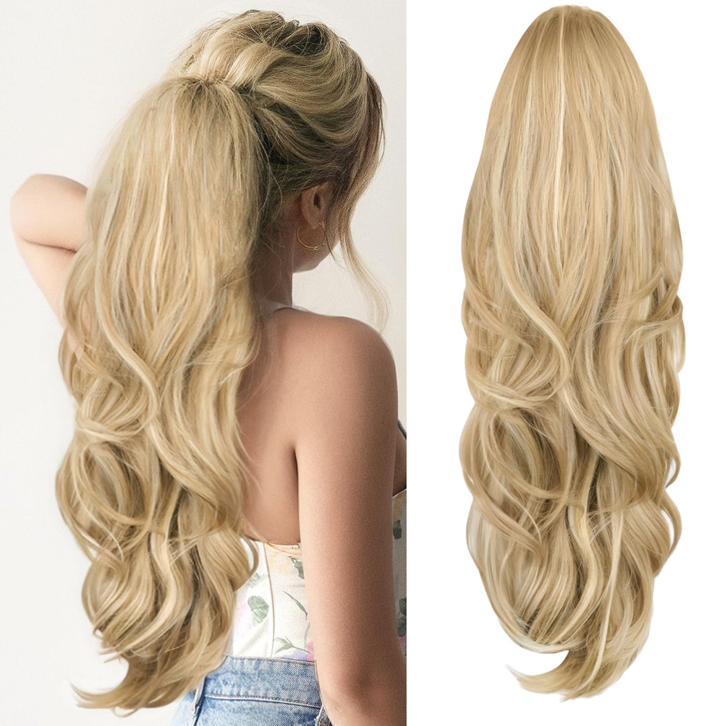 CHRSHN Blonde Ponytail Extension, Drawstring Ponytail Extension for Women 26 Inch Long Wavy Highlights Pony Tails Hair Extensions Synthetic Clip in Ponytail Hairpiece for Women(H24/88)