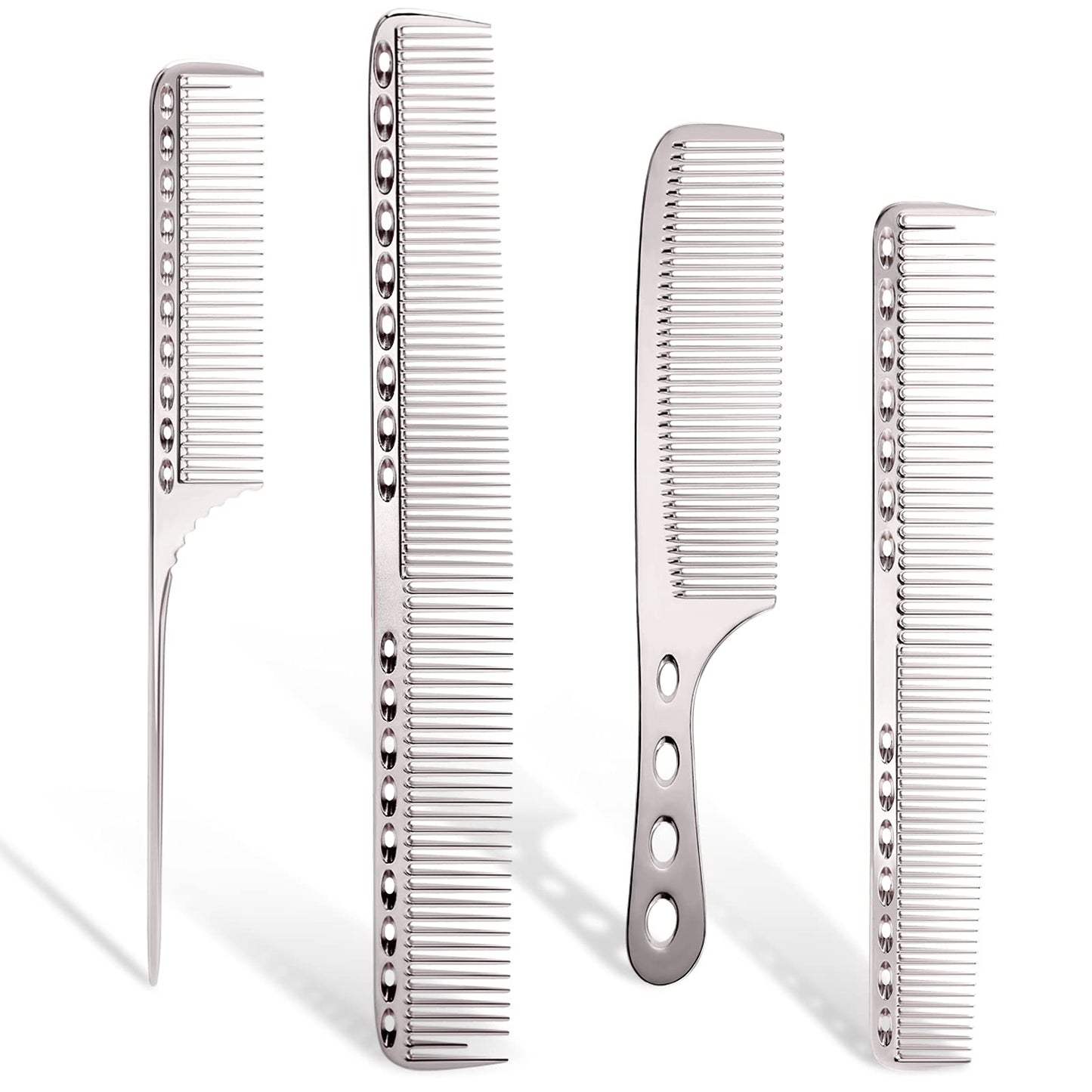 Cgbarber Professional Aluminum Dressing Comb, 4 Types Metal Hair Combs For Hair Styling Included Long Hair Cutting Comb,Short Styling Comb,Handle Comb,Tail Comb(silver)