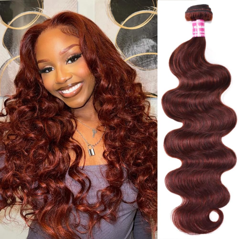 Julia Hair 12A Reddish Brown Body Wave Human Hair Weave 1 Bundle Human Hair for Women, Brazilian Remy Hair Auburn Brown Copper Red Human Hair Bundle Wavy Weaves for Sew in Extensions 33B Color 10 Inch