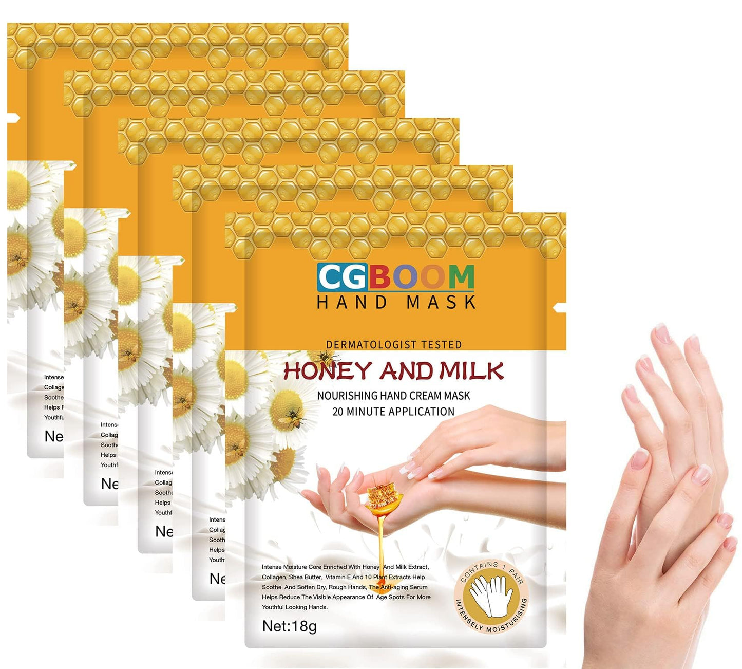 CGBOOM 5 Pairs Hand Masks Moisturizing Gloves, Hand Skin Repair Renew Mask Infused Collagen, Vitamins + Natural Plant Extracts for Dry, Aging, Cracked Hands (Honey and Milk)