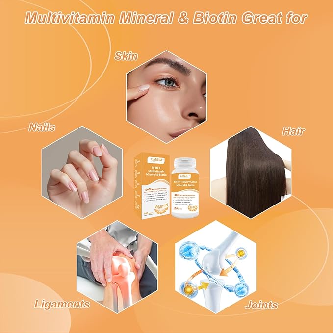 Hair Skin and Nails Multi-Vitamin for Men & Women, 10000mcg Biotin & Multimineral, Contains B-Vitamins, Vitamins C, E & D3, Trace Minerals, Zinc, Gluten-Free, Dairy-Free, Soy-Free, 100 Tablets