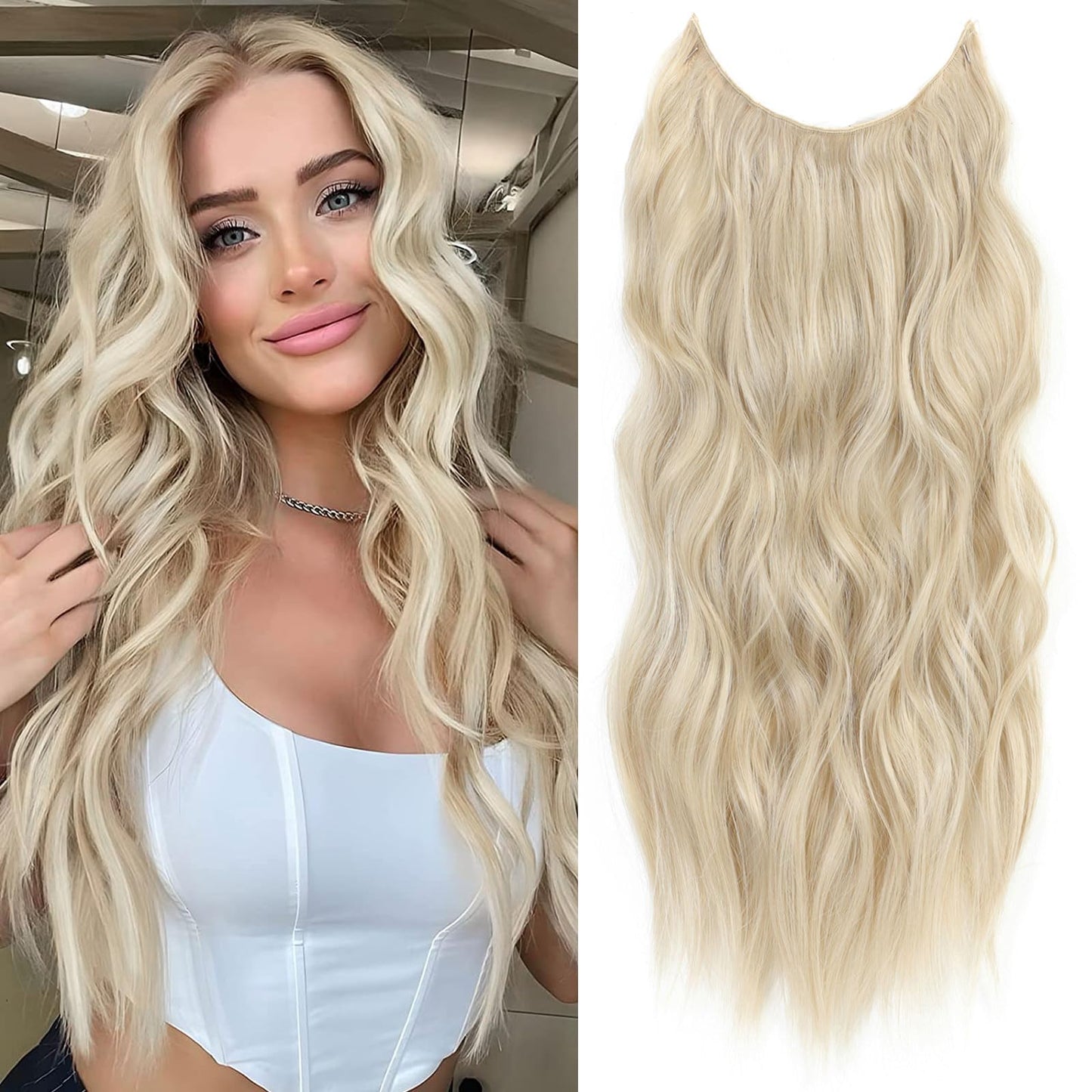 BUPPLER Halo Hair Extensions 24 Inch Invisible Wire Hair Extensions Adjustable Long Wavy Hairpiece Synthetic Upgrade 4 Secure Clips in Hairpieces 24 Inch,Blonde Mix Platinum Blonde