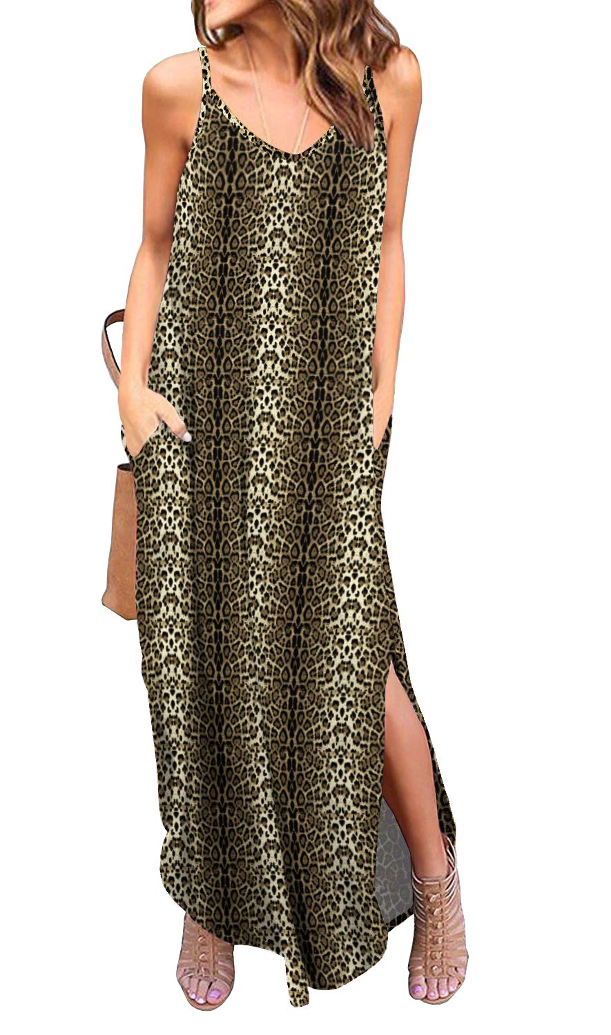 GRECERELLE Women's Summer Casual Loose Dress Spaghetti Strap Beach Cover Up Long Cami Floral Print Casual Maxi Dress with Pocket Leopard Print Brown-X-Small
