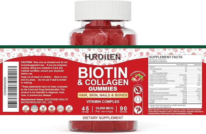 Hair Skin and Nails Gummies, 10000mcg Biotin Collagen Gummies for Women & Men, Vitamin Supplements Supports Faster Hair Growth, Stronger Nails, Healthy Skin, Strength Bone, 90 Gummies