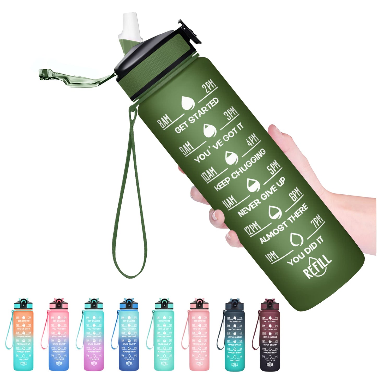 Hyeta 32 oz Water Bottles with Times to Drink and Straw, Motivational Water Bottle with Time Marker, Leakproof, Drinking Sports Water Bottle for Fitness, Gym and Outdoor