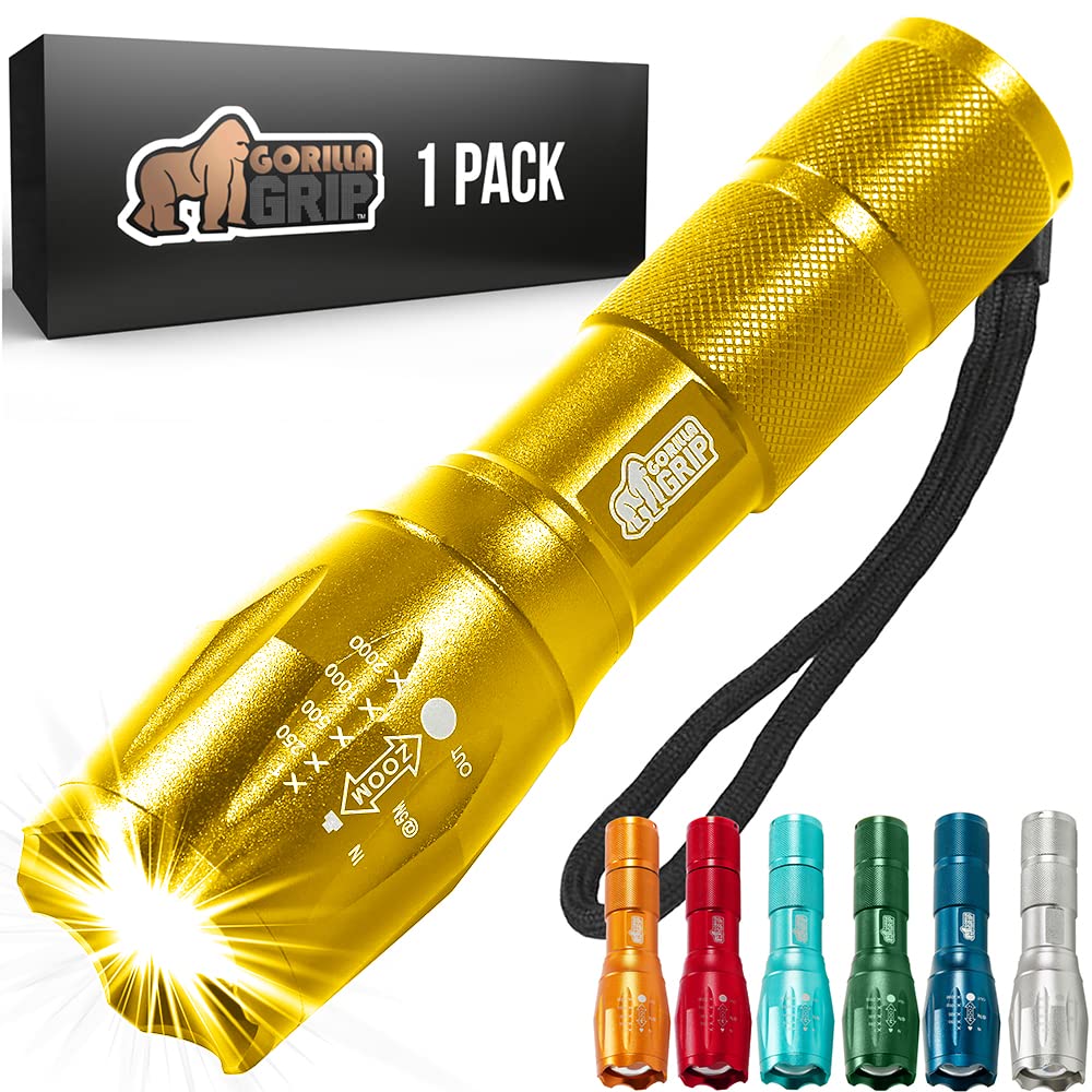 Gorilla Grip Powerful LED 750 FT Water Resistant 5 Adjustable Mode Tactical Flashlight, High Lumens Ultra Bright Battery Life Zoom Flashlights, Small Camping Car Mini Flash Light Accessories, Gold