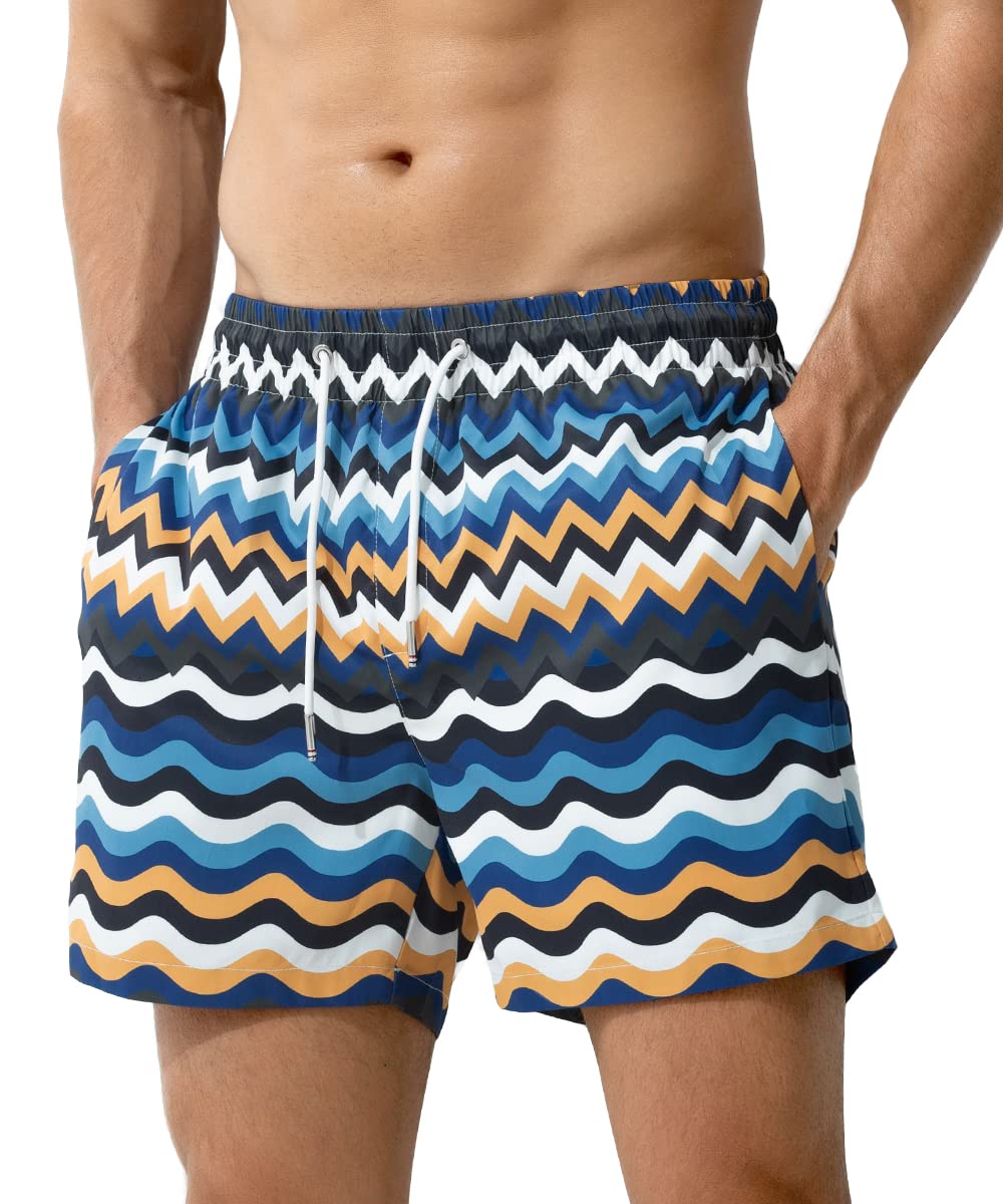 Arjen Kroos Mens Swim Trunks Quick Dry 5 Inch Inseam Swim Shorts for Men Bathing Suit with Pockets and Soft Lining Printed Swimwear Beach Shorts,AK2217-Yellow,Medium