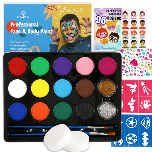 Bowitzki Face Paint Kit with 13 Colors, 12 Stencils, 2 Glitters, 2 Sponges, 2 Brushes, 1 Sheet Gems, Water Based Face Painting Kit for Kids, Safe Professional Halloween Party Makeup Set