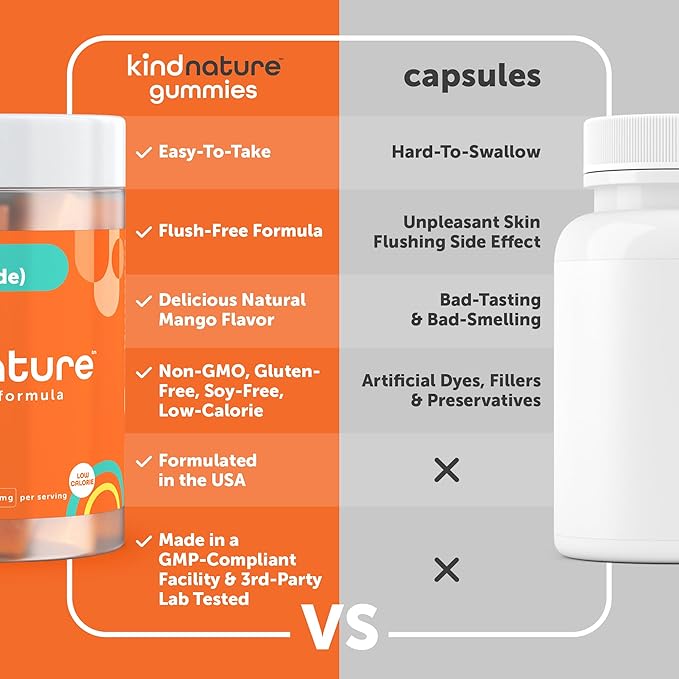 Kind Nature Vitamin B3 Niacin Gummies - Flush Free Niacinamide 500mg Supplement - Vegan, Non-GMO, Low-Calorie, Gluten-Free, Soy-Fee, 3rd Party Lab Tested - 1 Month Supply, 90 Chewable Gummies