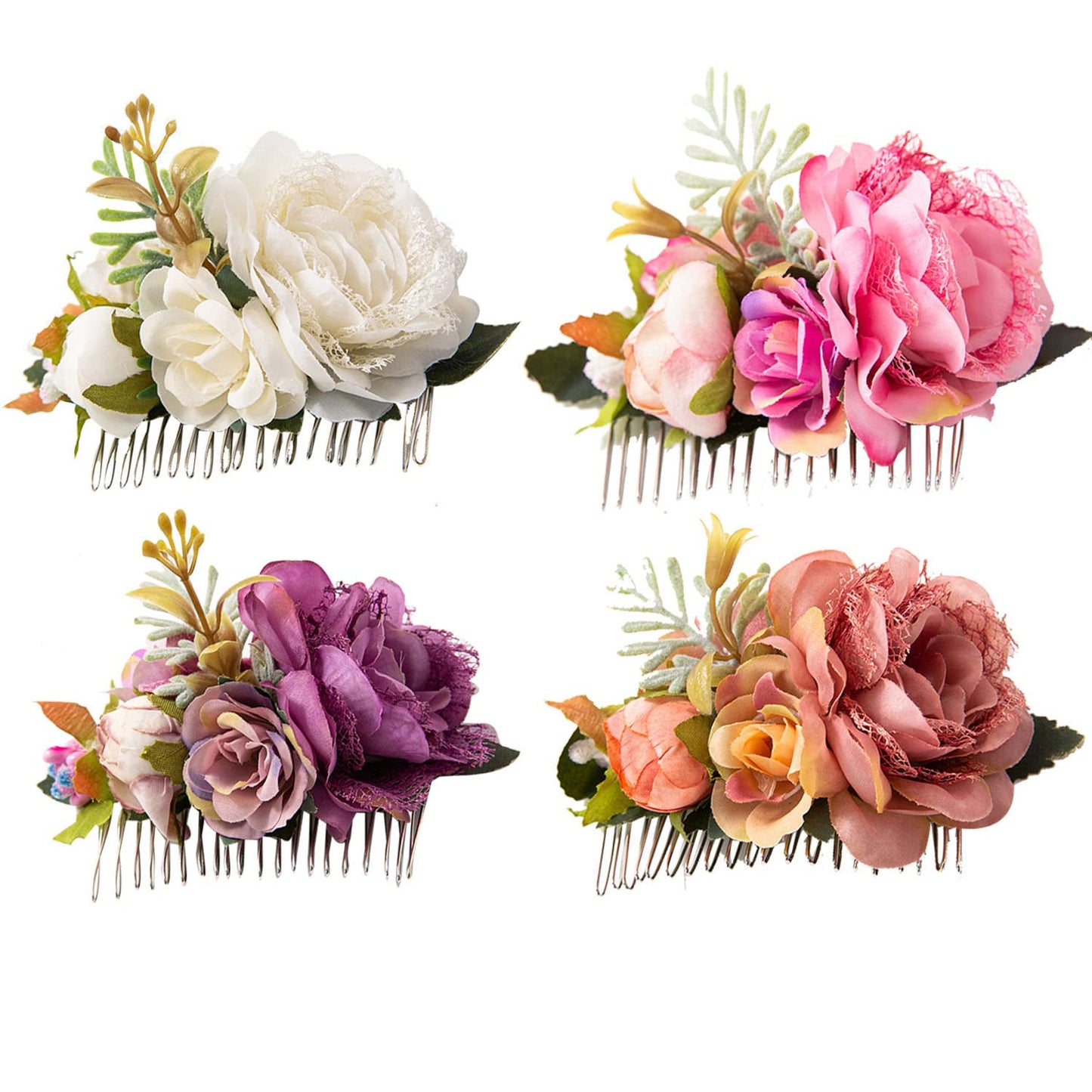 Cinaci 4 Pack White Pink Flower Metal Hair Side Combs Slides with Artificial Big Rose Wedding Bridal Clips Floral Headpieces Hairpins Barrettes Bun Hair Accessories for Women Flower Girl Bridesmaids