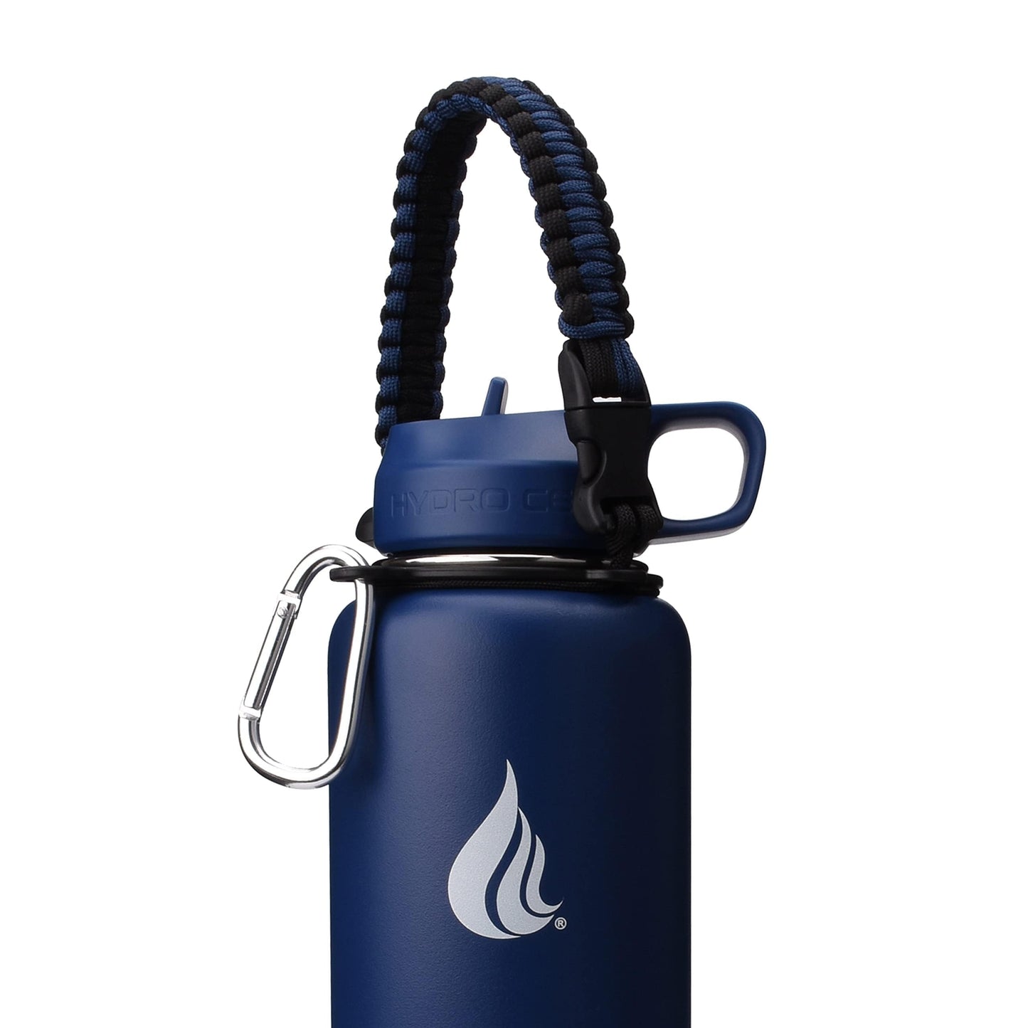 HYDRO CELL Paracord Handle for Wide Mouth Water Bottles - Carrier Strap w/Attachment Ring and Carabiner Accessory. Compatible w/ 64oz, 40oz 32oz, 24oz, 18oz, 14oz Insulated Bottles (Navy/Black)