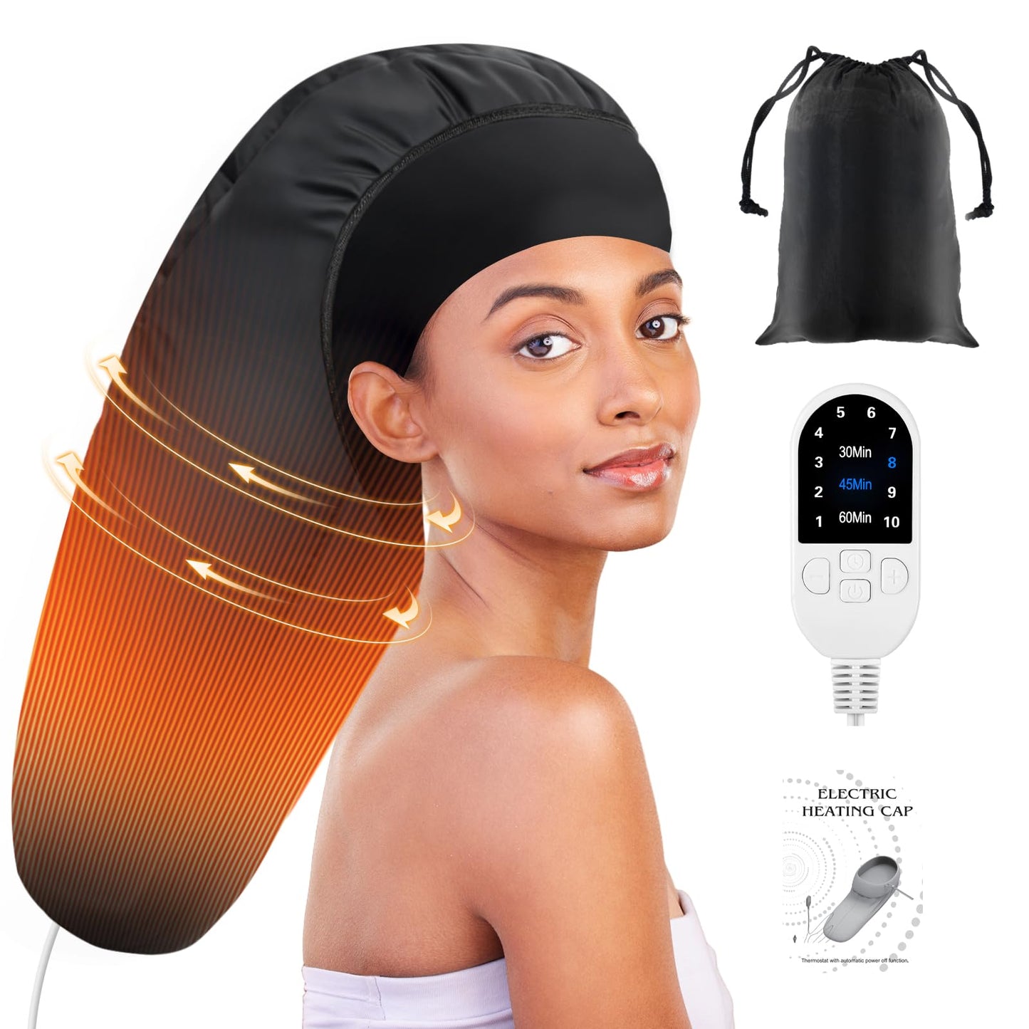 Heated Cap for Deep Conditioning: Upgraded Extra Large 10-Level Fast Heating 3 Time Settings Hair Steamer Cap for Natural Black Hair Portable Thermal Steam Cap for Home Hair Treatment - Black