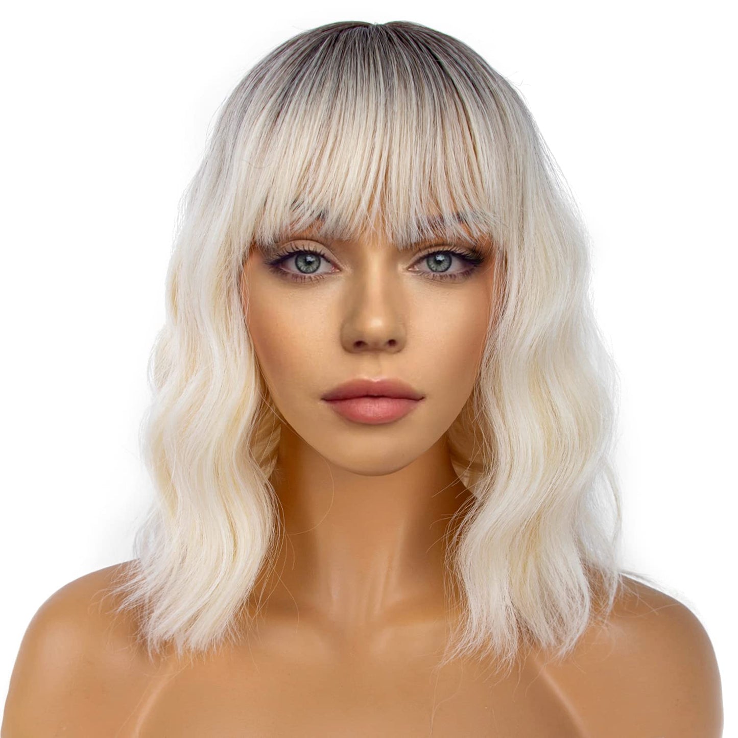 LANCAINI Short Bob Wigs with Bangs for Women Loose Wavy Wig Curly Wavy Shoulder Length Bob Synthetic Cosplay Wig for Girl Colorful Costume Wigs (Light Blonde Ombre)