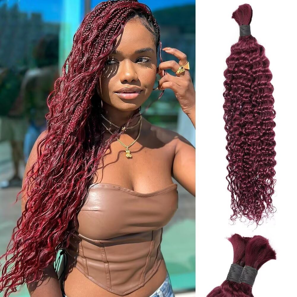 Burgundy Human Braiding Hair Deep Water Wave Bulk Human Hair 50g 16 Inch Color 99J Curly Human Hair for Boho Braids Hair Extensions No Weft 1 Braids Per Pack Wet and Wavy Human Hair Braiding Hair