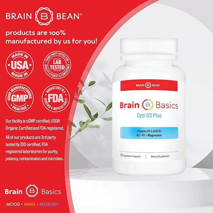 Brain Basics Opti D3 Plus | Vitamin D3 K2 5,000IU, Vitamin K1, and Magnesium | 90 Servings