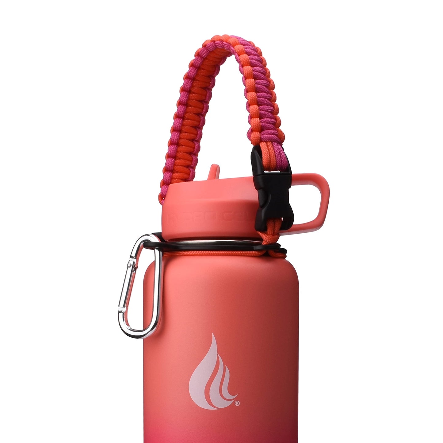 HYDRO CELL Paracord Handle for Wide Mouth Water Bottles - Carrier Strap w/Attachment Ring and Carabiner Accessory. Compatible w/ 64oz, 40oz 32oz, 24oz, 18oz, 14oz Insulated Bottles (Coral/Punch)