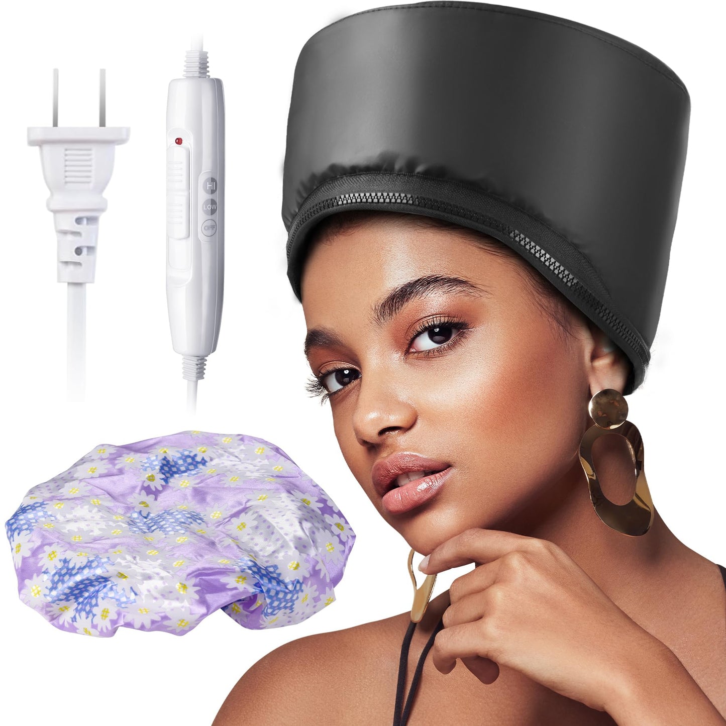Hair Steamer Cap for Natural & Curly Hair - Safety Temperature Control, Quick Heat Up, Deep Conditioning Spa Treatment for Home Use