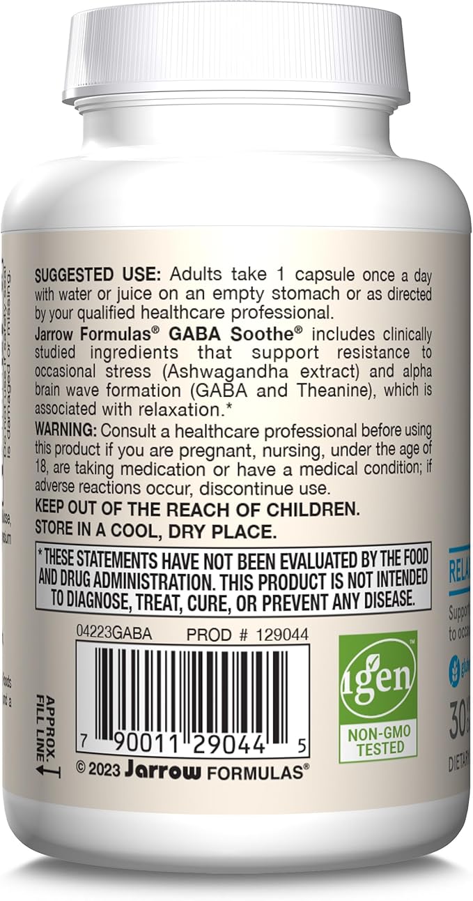Jarrow Formulas® GABA Soothe®, 3 Ingredient Dietary Supplement for Relaxation and Occasional Stress, 30 Veggie Capsules, 30 Day Supply
