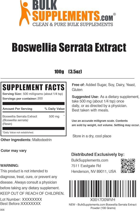 BulkSupplements.com Boswellia Serrata Extract Powder - from Frankincense Resin, Boswellia Serrata Powder - Herbal Supplement, Gluten Free, 500mg per Serving, 100g (3.5 oz) (Pack of 1)