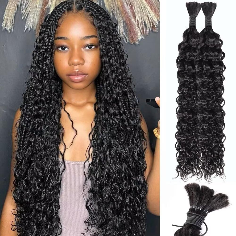 Human Braiding Hair Water Wave Bulk Human Hair 100g 14 Inch Curly Human Hair for Boho Braids Hair Extensions No Weft 2 Braids Per Pack Wet and Wavy Human Hair Braiding Hair Natural Black