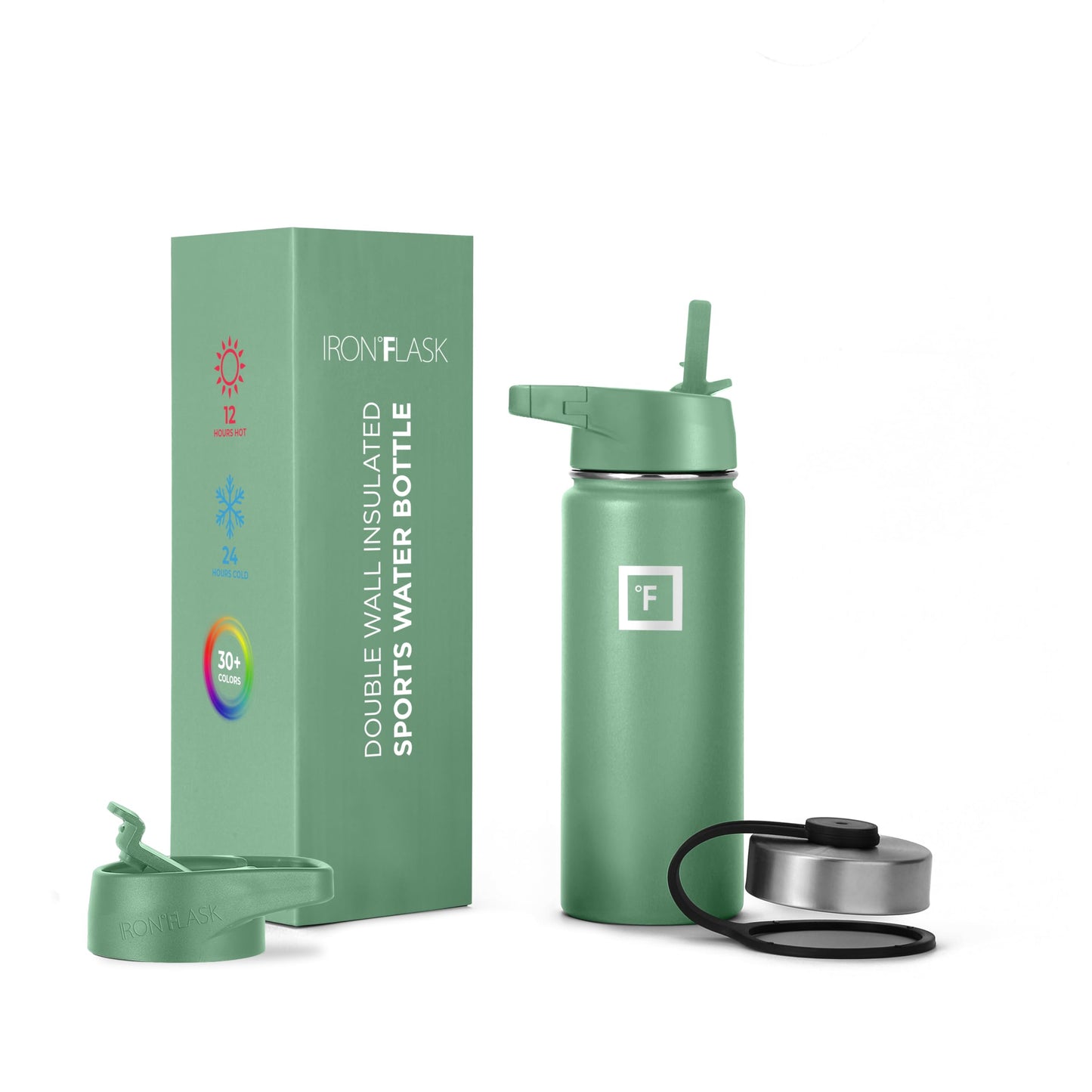 IRON °FLASK Camping & Hiking Hydration Flask, Wide Mouth, 3 Straw Lids, Stainless Steel Outdoor Water Bottle, Double Walled, Insulated Thermos, Metal Canteen - Sage, 18 Oz