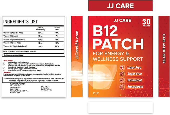 JJ CARE B12 Patch (Pack of 30), Self-Adhesive Natural Blend Topical Daily B12 Energy Patches, 1 Month Supply