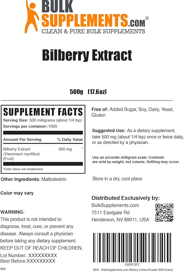 BulkSupplements.com Bilberry Extract Powder - Bilberry Fruit Extract, Bilberry Powder, Bilberry Supplement for Eyes - Glulten Free, 500mg per Serving, 500g (1.1 lbs) (Pack of 1)