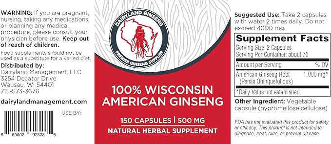 Dairyland American Ginseng Capsules - 150 ct, 500 mg - Wisconsin Ginseng Complex Capsules - Authentic American Ginseng Root Extract - Ginseng Capsules for Use as a Daily Immune Support Herb Supplement