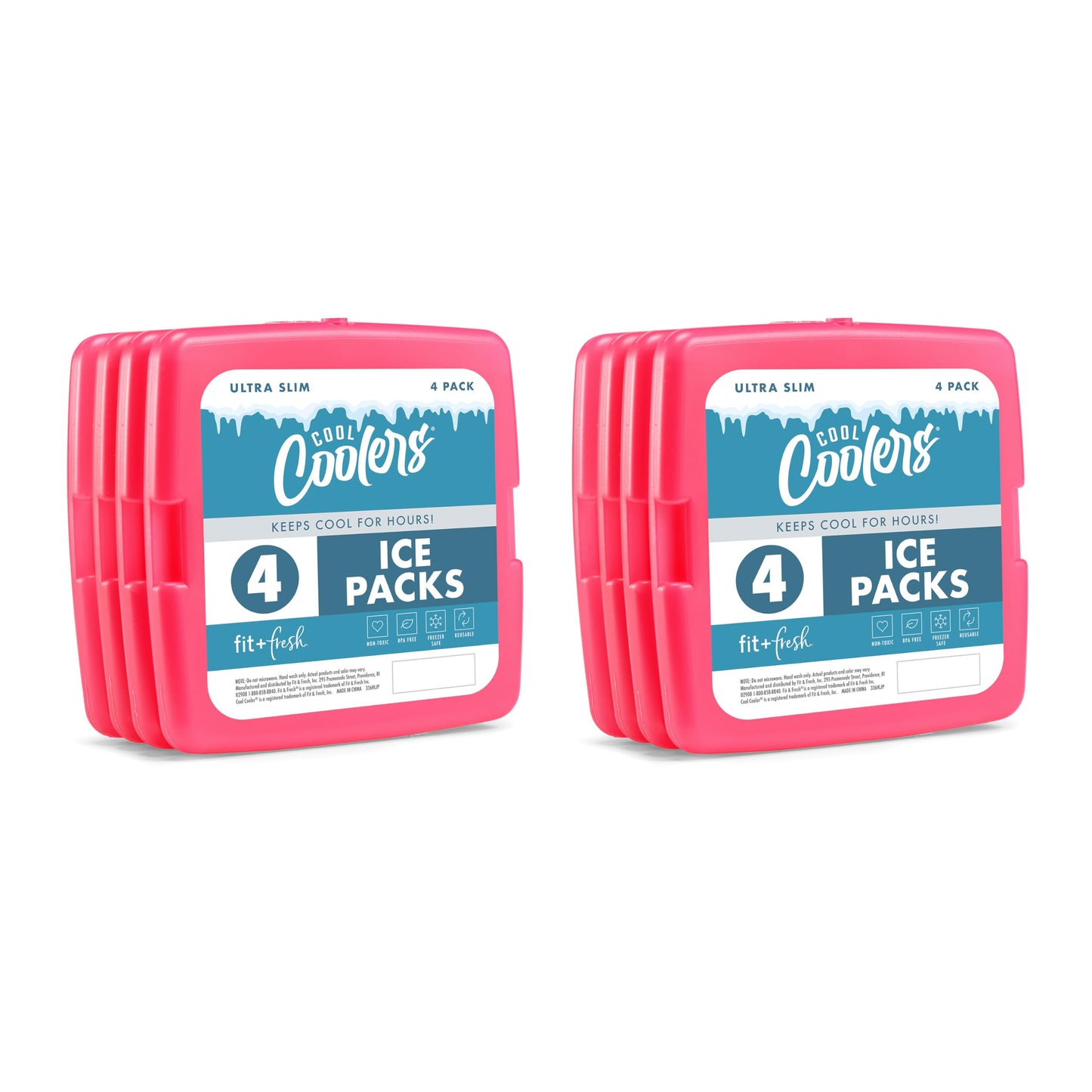 Cool Coolers by Fit + Fresh, Reusable & Long-Lasting Slim Ice Packs, Cold Packs for Lunch Boxes, Ice Packs for Lunch Bags, Pink 8 Pack
