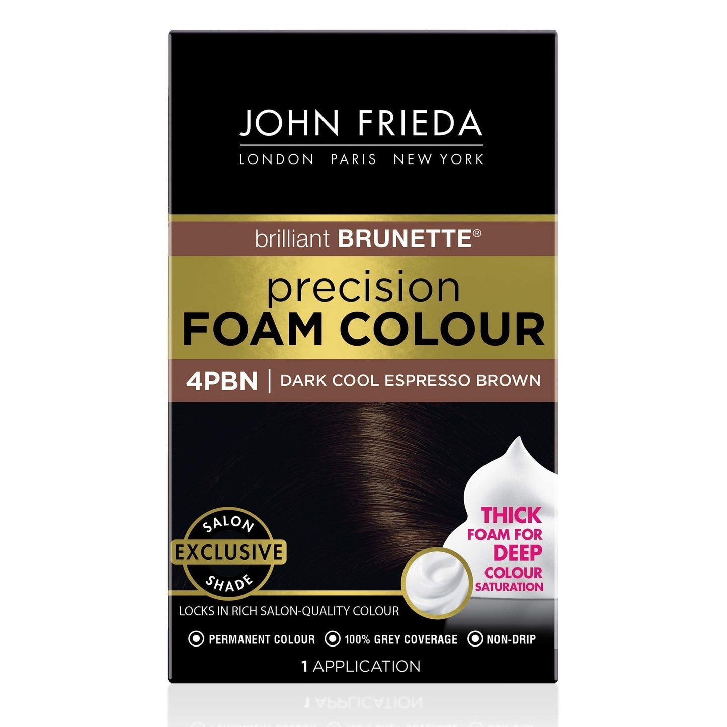 John Frieda Precision Foam Colour, Dark Cool Espresso Brown, Full-Coverage Hair Color Kit, Anti-Fade Gray Coverage, Deep Color Saturation Hair Dye, 1 Application