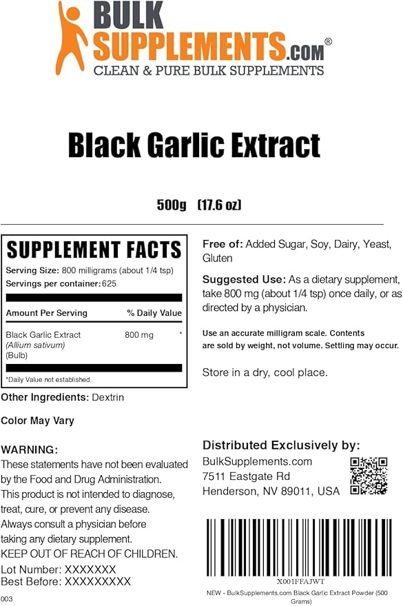 BulkSupplements.com Black Garlic Extract Powder - Aged Garlic Extract, Herbal Supplement - Vegan & Gluten Free, 800mg per Serving, 500g (1.1 lbs) (Pack of 1)
